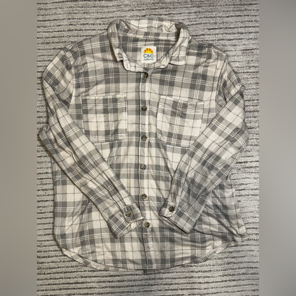 C&C California Plaid Button Down Shirt‎ Women XL Gray White Flannel Casual Top
